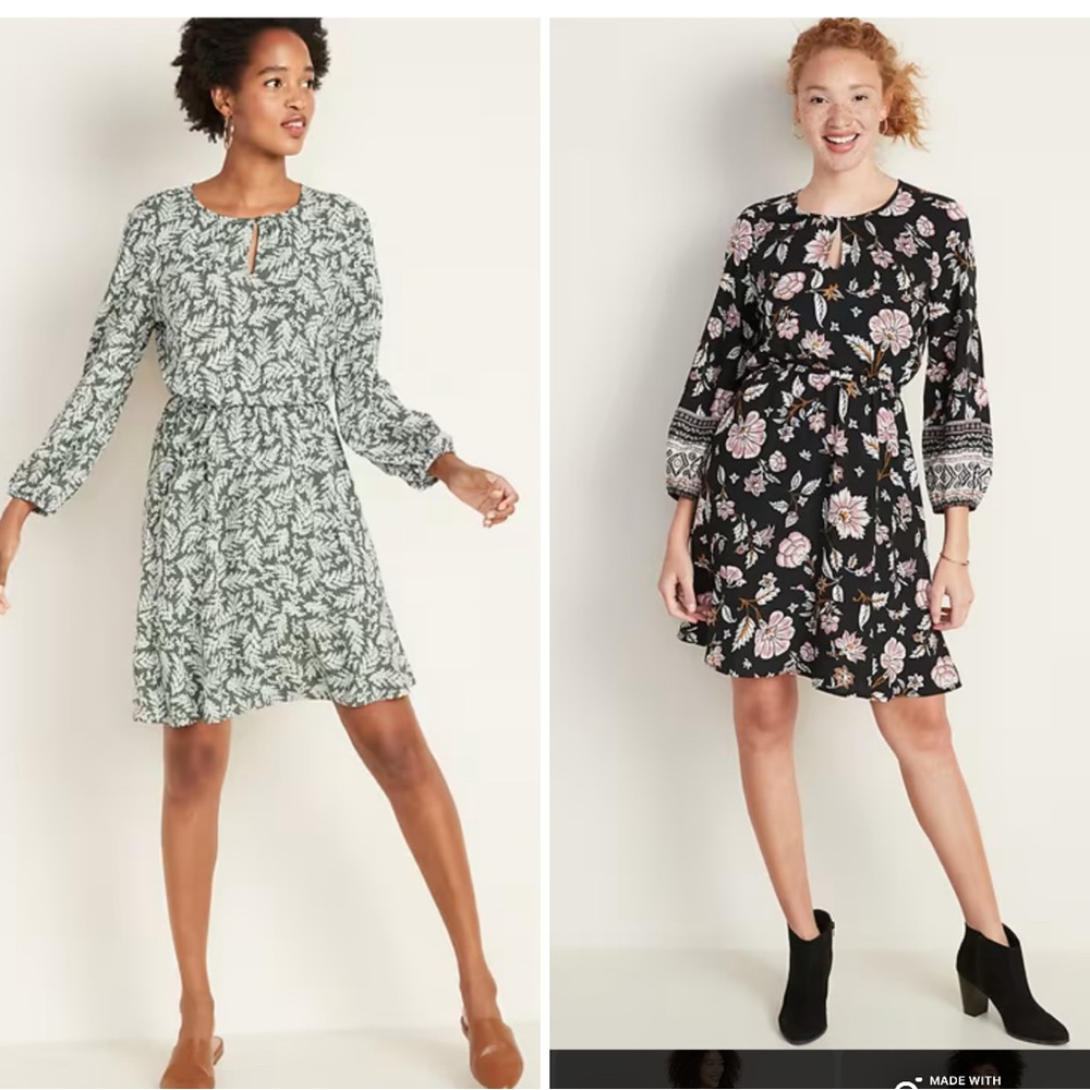 Bundle of 2 Old Navy Waist-Defined, Keyhole, Long Sleeve Dresses
